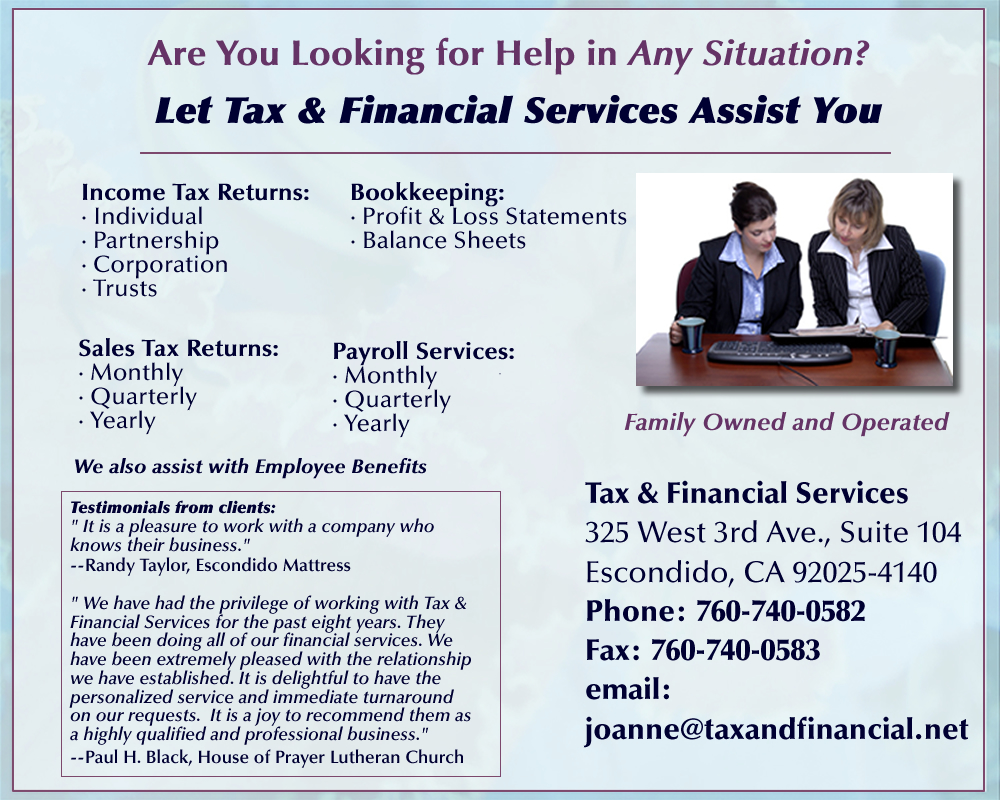 Welcome to Tax and Financial--We can help with any financial situation!